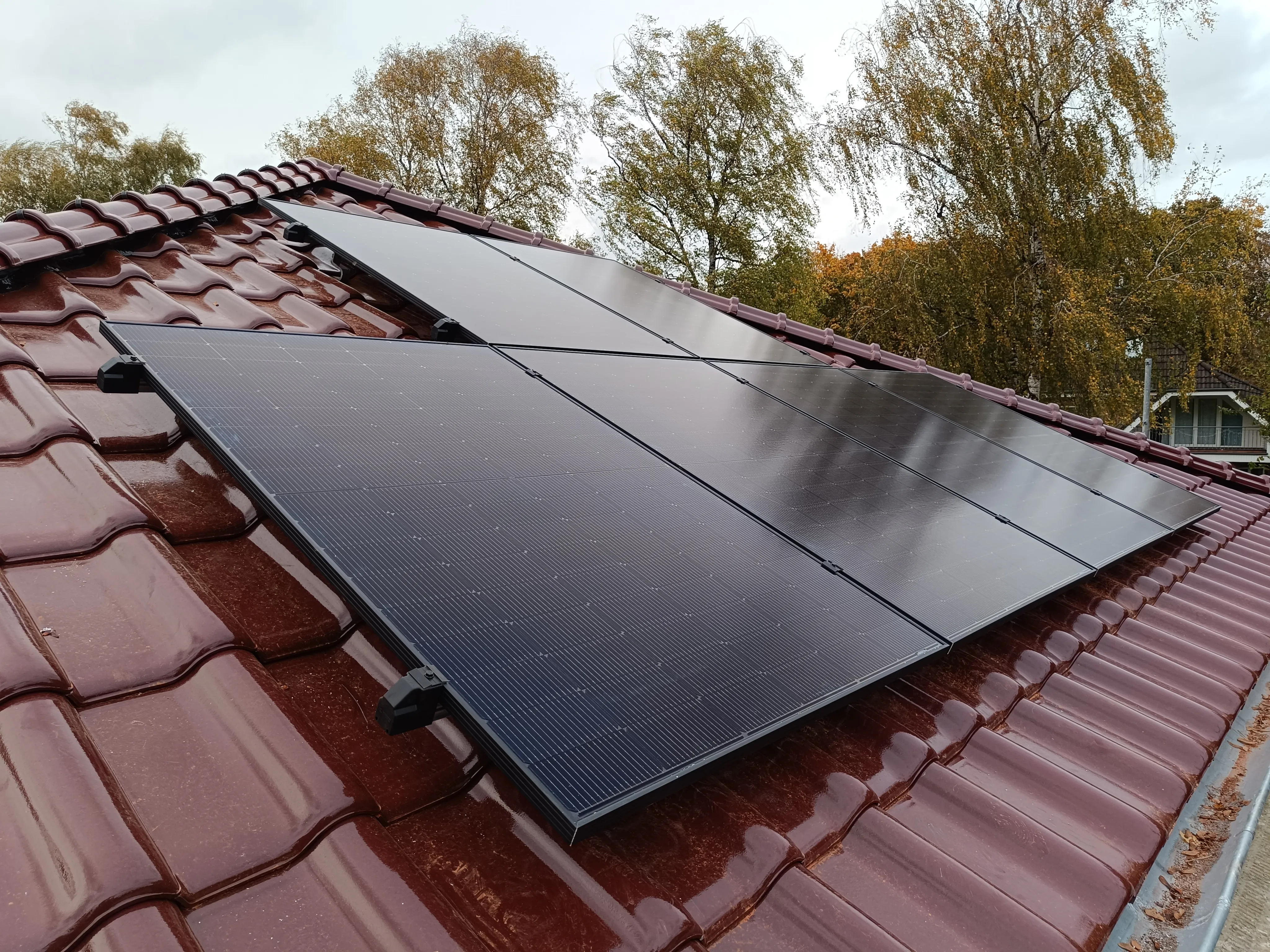 Foto der PV-Montage auf einem Ziegeldach, Oktober 2025: schwarze Solarmodule auf Montageschienen, im Hintergrund Herbstbäume.